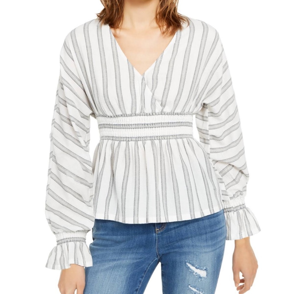 INC Ethereal Ruffle Peplum Long Sleeve Striped Blouse Size 1X NWT